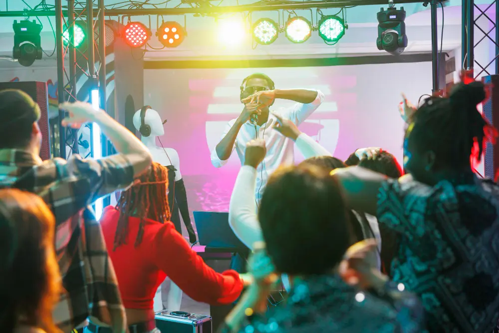 Le public réuni devant une scène de concert
